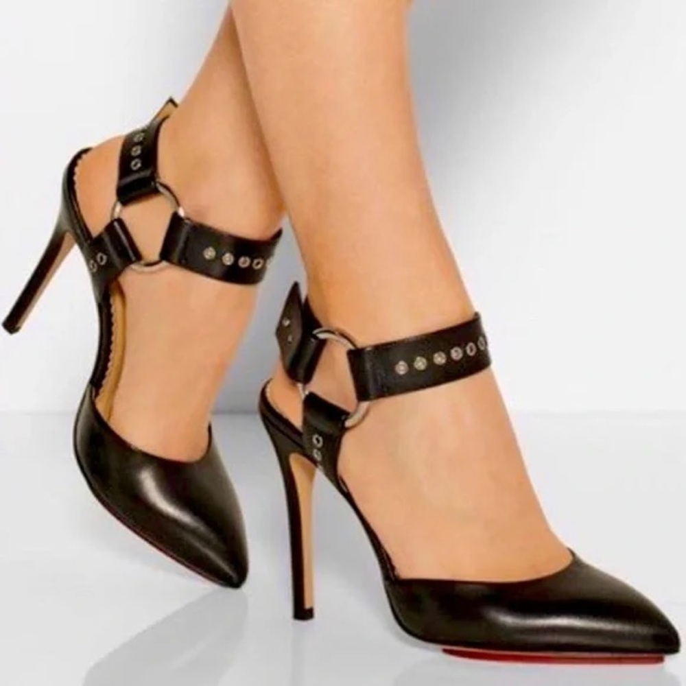 Charlotte Olympia “Domina” black leather stiletto pumps with silver o-rings 36.5